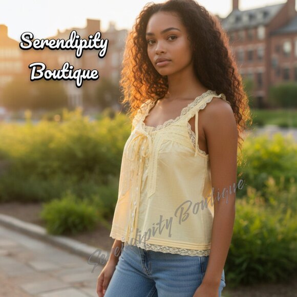 Serendipity Boutique Tops - Buttercup Yellow Linen Lace Oversized Gypsy Girl Boho Peasant Tank Top Blouse